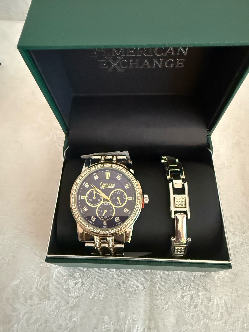 American Exchange Gold-Tone Watch with Black Dial and Matching Bracelet